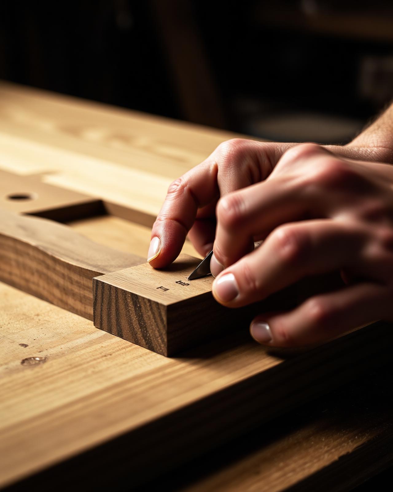 Hands working walnut joinery